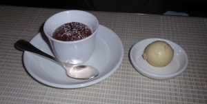 Valrhona chocolate fondant, green cardamom caramel sea salt and almond ice cream